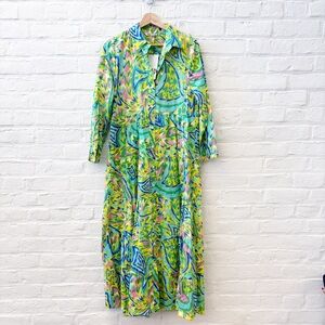 Zara ||‎ Bright Floral Print Shirt Dress Midi Green Small NWT